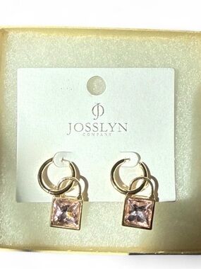 Josslyn Gold Hoop Earrings with Pink Square Crystal Drops NWT